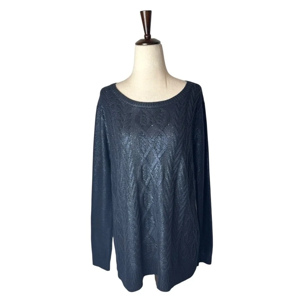 Club Monaco Sweater Women Medium Navy Blue Metallic Cable Knit Pullover Preppy‎